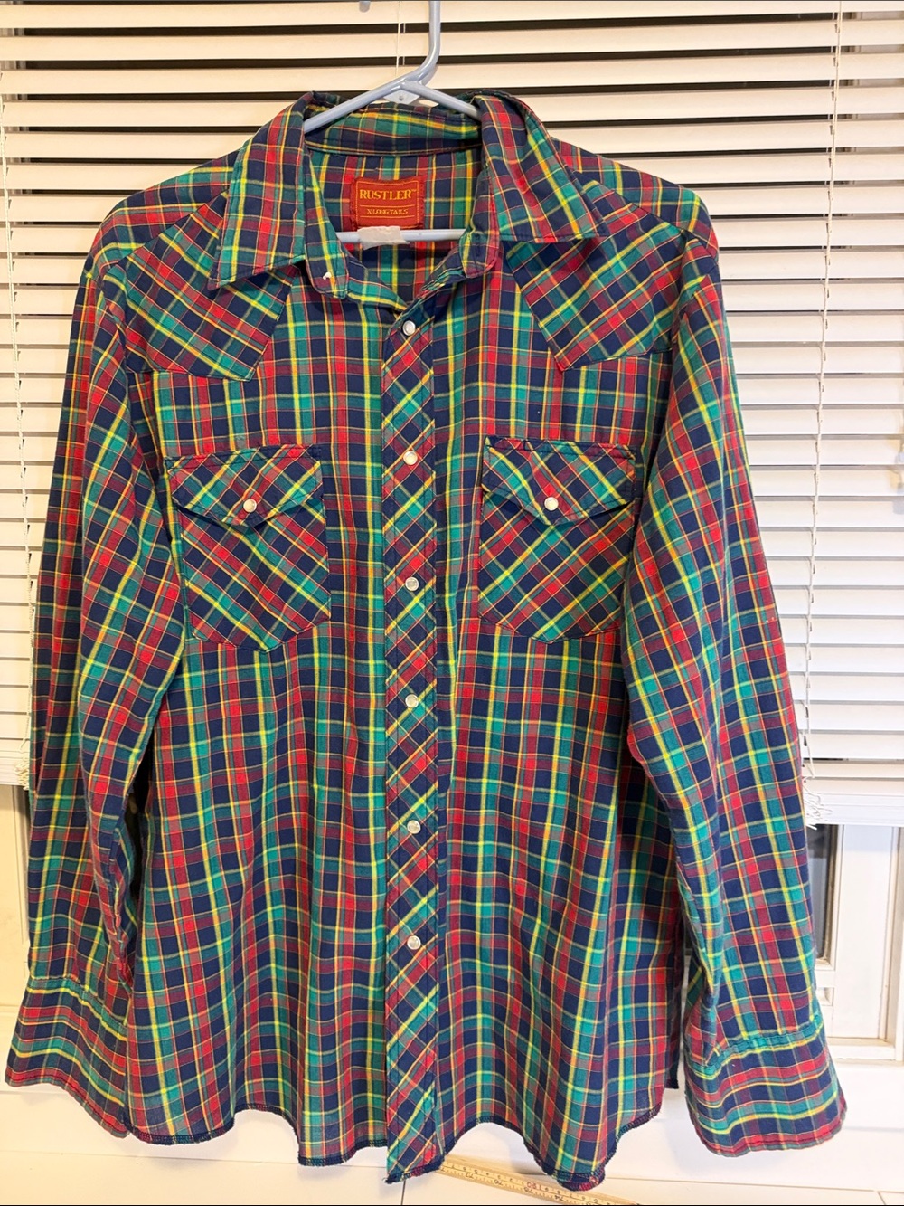 VTG 80s Rustler Western Pearl Snap Shirt Mens L Multi Color Rainbow Plaid Long